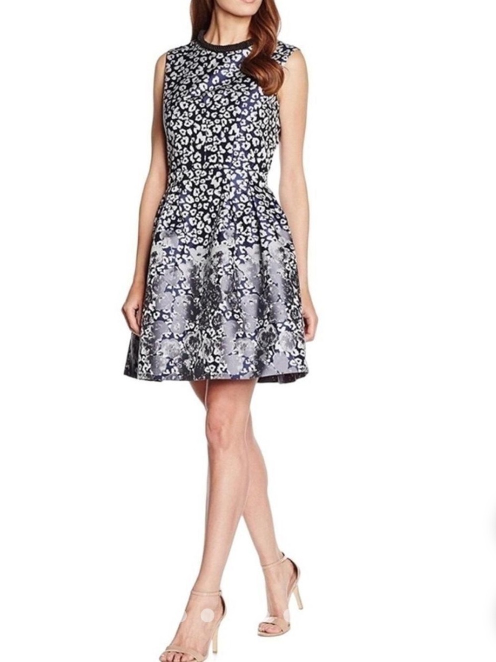 Badgley Mischka Navy White Chetah Printed Fit-and-Flare Mini Dress High Neck